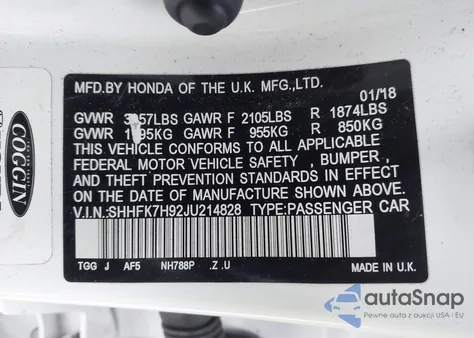 2018 Honda Civic Sport Touring z USA, uszkodzony, nr VIN SHHFK7H92JU214828